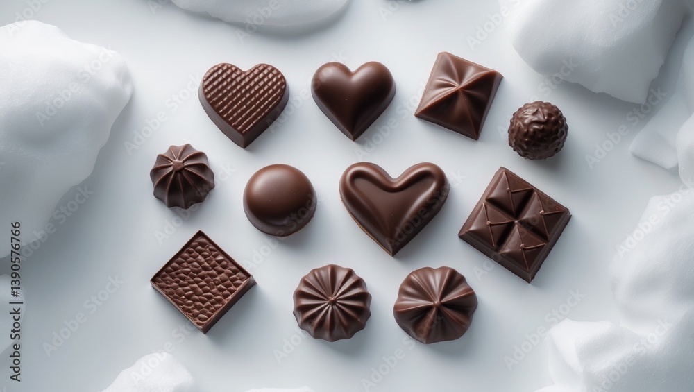 Poster various chocolate pralines separated on a background.