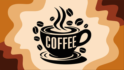Silhouette of a cup of hot coffee beans on a pastel background. Vector graphics. EPS.