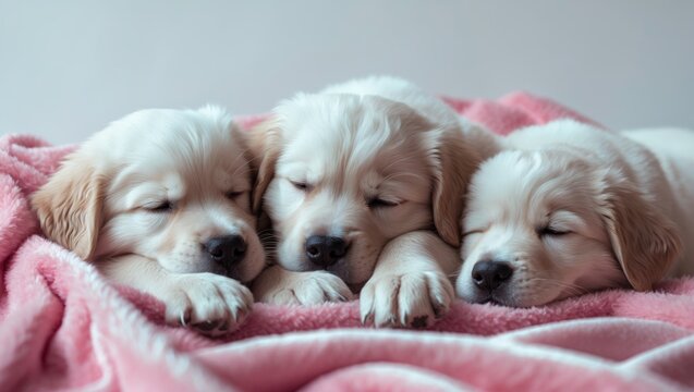 Three Golden Retriever puppies are peacefully nestled together, napping on a cozy pink blanket.