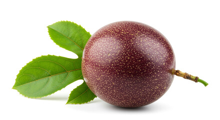 A vibrant passion fruit, plump and juicy, rests beside its lush green leaves, a burst of tropical freshness against a clean white background.