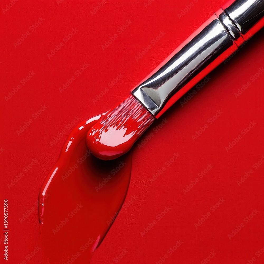 Poster vibrant red paint spilling from a brush on a smooth surface in a creative workspace