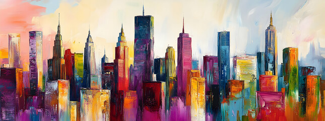 A vibrant painting of the New York City skyline
