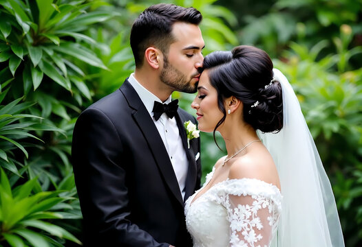 Romantic Wedding Moment: Groom Kissing Bride Forehead in Lush Greenery Backdrop
