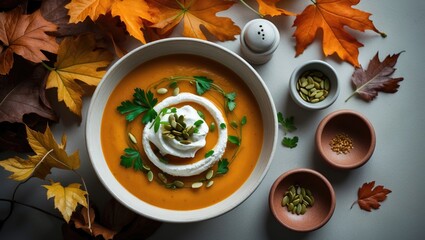 Vegan pumpkin soup featuring seeds, coconut cream, and green pea sprouts. Healthy vegetarian slow food. Bowl of soup on a blue table background, viewed from above.