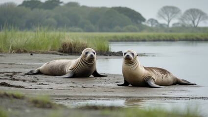 Fototapeta premium Seals located by the coast.