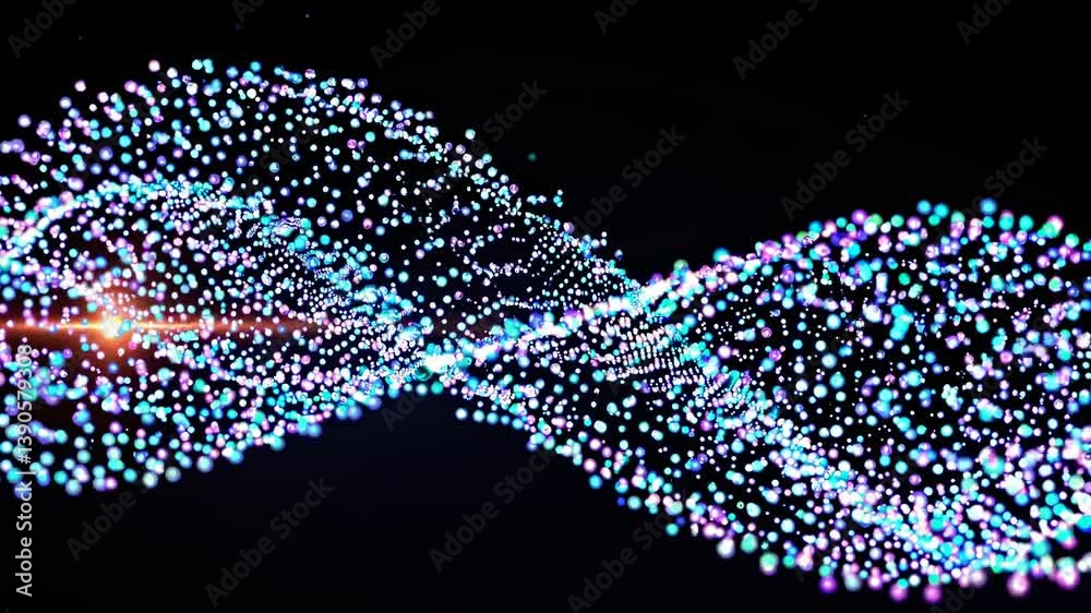 Poster abstract wave of colorful particles flowing on black background creating a mesmerizing visual effect