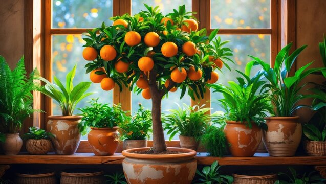 Tangerine tree bearing fruit in a terracotta pot on a windowsill at home. Concept of indoor gardening. Citrus plant for the interior. Selective soft focus.