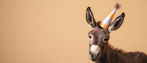 Happy Birthday, carnival, New Year's eve, sylvester or other festive celebration, funny animals card - donkey with party hat, pastel brown background