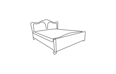Bed in continuous line art drawing style. Double-size bed with bedding, Double bed with the pillows in continuous one line drawing design.