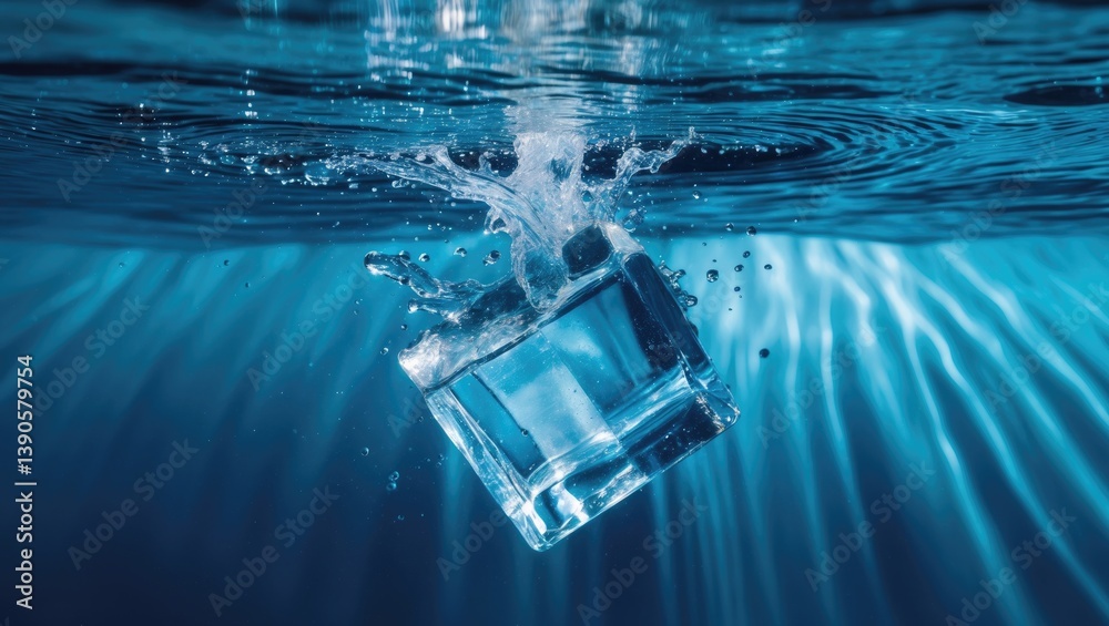Poster underwater perspective of an ice cube diving beneath the surface
