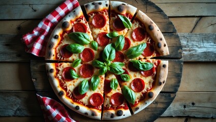 Delicious pepperoni pizza topped with basil, viewed from above on a wooden table.