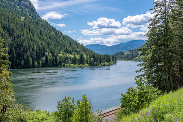 Majestic mountain creek with rocky background in Vancouver, Canada, North America. Day time on July 2024.