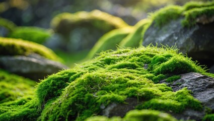 Beautiful vibrant green moss covering rough stones and the ground, displayed in a macro view. Rocks adorned with moss texture in nature for wallpaper.