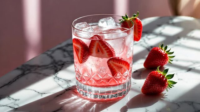 Icy cocktail with vodka, strawberry syrup, fresh strawberries, and crushed ice