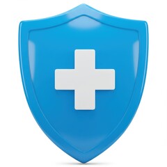 Fototapeta premium A blue shield with a white plus sign in the center on a white background in a studio shot style