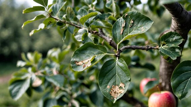 Scab-affected foliage on an apple tree. Leaves impacted on an infected tree.