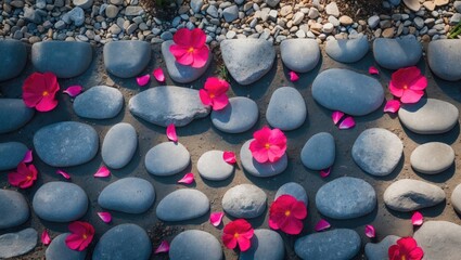 A detailed shot of a stone path adorned with scattered pink flower petals.