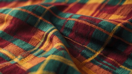 The texture of linen fabric featuring a vibrant checkered pattern. Material for tailoring. Colorful fabric design.