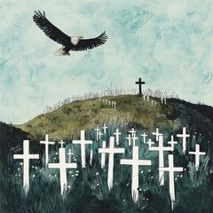 Bald eagle flying over watercolor cemetery hill with white military crosses