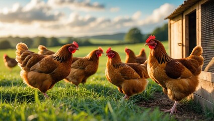 Fototapeta premium This stunning image features free-range egg-laying chickens both in a field and near a chicken coop. The photograph highlights the natural beauty of these birds and their habitat.