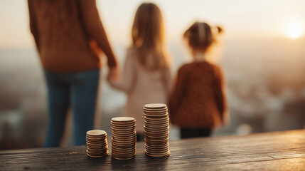 Family observing coin stacks at sunset.
