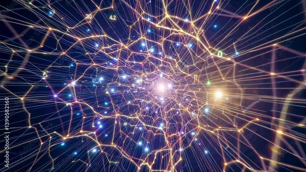 Poster complex network of interconnected nodes and lines, forming a tunnel-like structure with flowing data