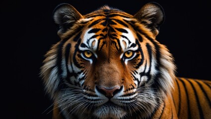 Obraz premium Tiger gazing at the camera against a black backdrop.