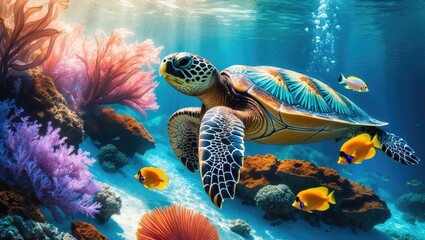 Fototapeta premium underwater turtle swims in the sea