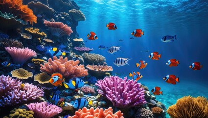 Underwater ecosystem. Coral reef and fish in the ocean.