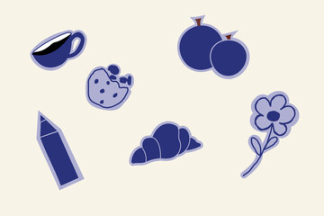 Set of minimalist stickers featuring food, drinks, and flowers. Modern flat design in dark navy blue color. Clean and abstract style, perfect for web design, mobile apps, social media, and messengers