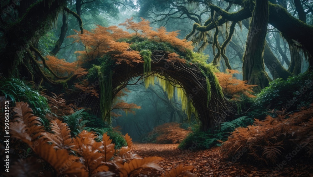 Poster a tranquil forest trail is framed by towering trees and dense foliage, with the earth blanketed in c