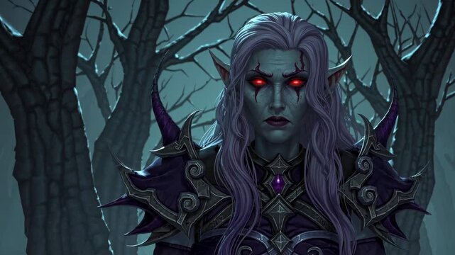 Digital fantasy art painting of a dark elf sorceress wearing purple and black clothes and armor with horns, standing in a spooky forest with leafless trees and fog, looking imposing