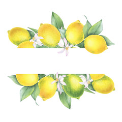 Elegant watercolor frame with bright lemons. Design element.