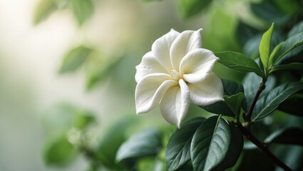 Blossoming Gardenia set on a background of out-of-focus green leaves featuring right copy space.