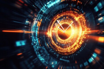 Clock moving with vibrant data processing elements on a dark backdrop displaying a futuristic concept, clock moving and data processing on black background