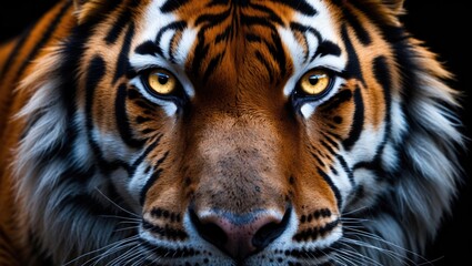 Tiger facing the camera against a black background.