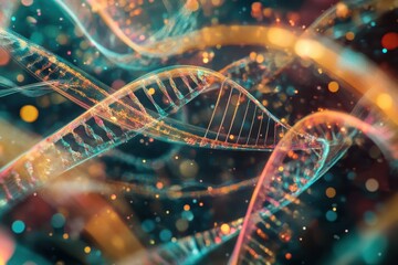 Mathematical equations overlaying vibrant DNA strands in abstract colorful design, mathematical equations over dna strands