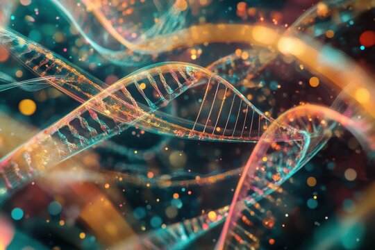 Mathematical equations overlaying vibrant DNA strands in abstract colorful design, mathematical equations over dna strands