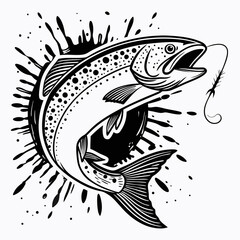 Stylized drawing of a leaping trout with a fishing hook and splash in monochrome tones design art work
