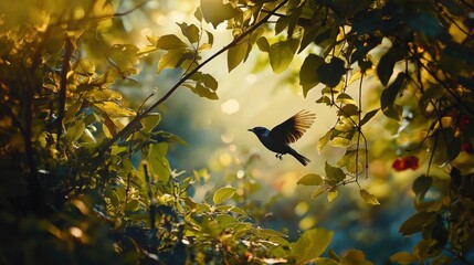 Autumn bird in flight amidst vibrant fall foliage and sunlight