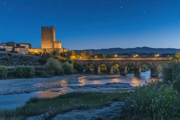 Obraz premium Timelapse capturing Torre de La Calahorra and Puente Roman under starry night sky, Timelapse of Torre de La Calahorra and Puente Romano