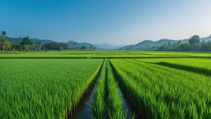 Obraz premium The rice fields are abundant, poised for harvest beneath a blue sky. Farm, Agriculture concept.