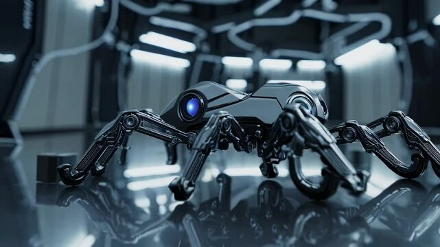 Metallic, multi-legged spider robot hovering in sterile, futuristic industrial or laboratory setting, showcasing advanced robotics and automation