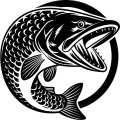 Naklejka premium Dramatic depiction of a fish with open mouth and sharp teeth inside a circular frame design element vector