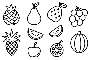 Fruits and berries. Trendy doodle vector illustration. Natural tropical fruits. Fig, cherry, apple, peach, lemon, avocado, pineapple Vector