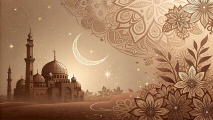 Luxurious bronze shimmer with faint floral Islamic patterns floating diagonally, crescent and mosque with copy space.