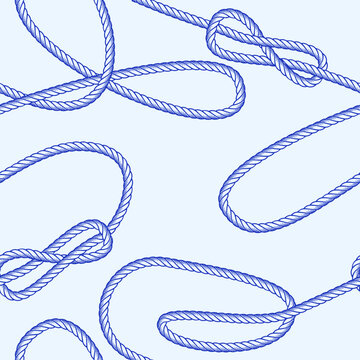 Nautical vintage seamless pattern with blue node rope. Vector hand drawn sketch illustration. Marine abstract background