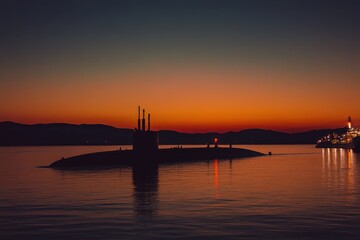 Naklejka premium Military submarine arrives at dusk as colors blend in the evening sky, The silhouette of a military submarine as it arrives into port at dawn