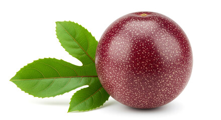 A vibrant passion fruit, plump and juicy, rests beside its lush green leaves, a burst of tropical freshness.