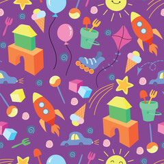 Childrens toys seamless pattern. Vector illustration flat style. Kids ornament colorful elements with cars, sandbox toys, cubes, rocket. Good for you design